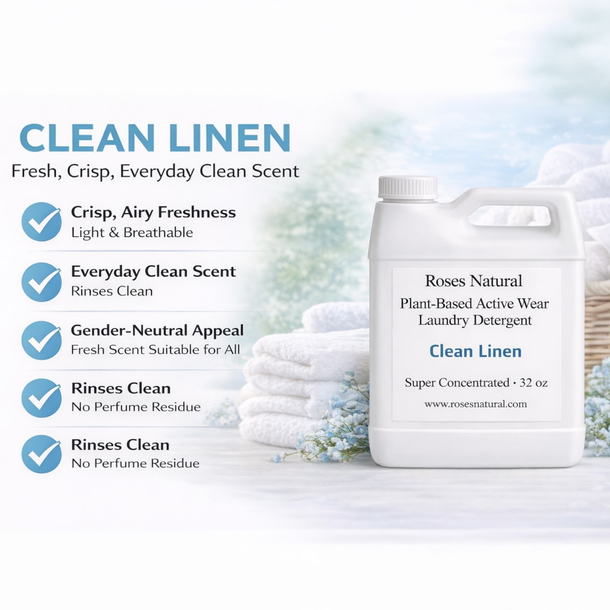 Roses Natural laundry detergent container with product features on a white background  Clean Linen scent 