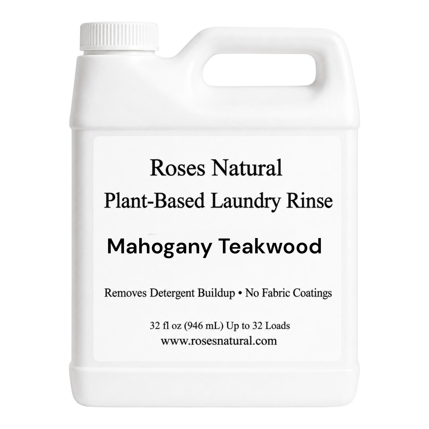 White bottle of Roses Natural Plant-Based Laundry Rinse with Mahogany Teakwood scent on a white background