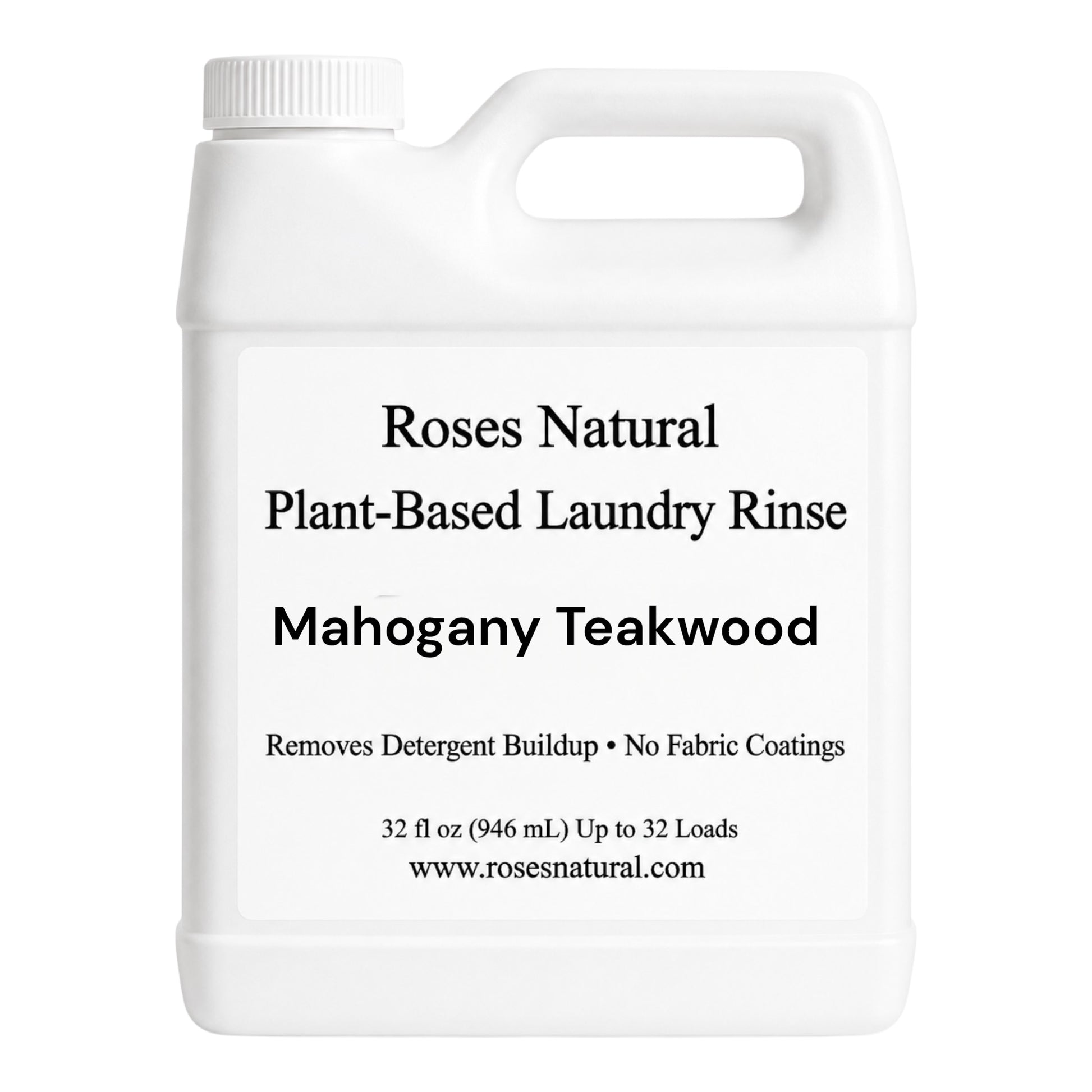 White bottle of Roses Natural Plant-Based Laundry Rinse with Mahogany Teakwood scent on a white background