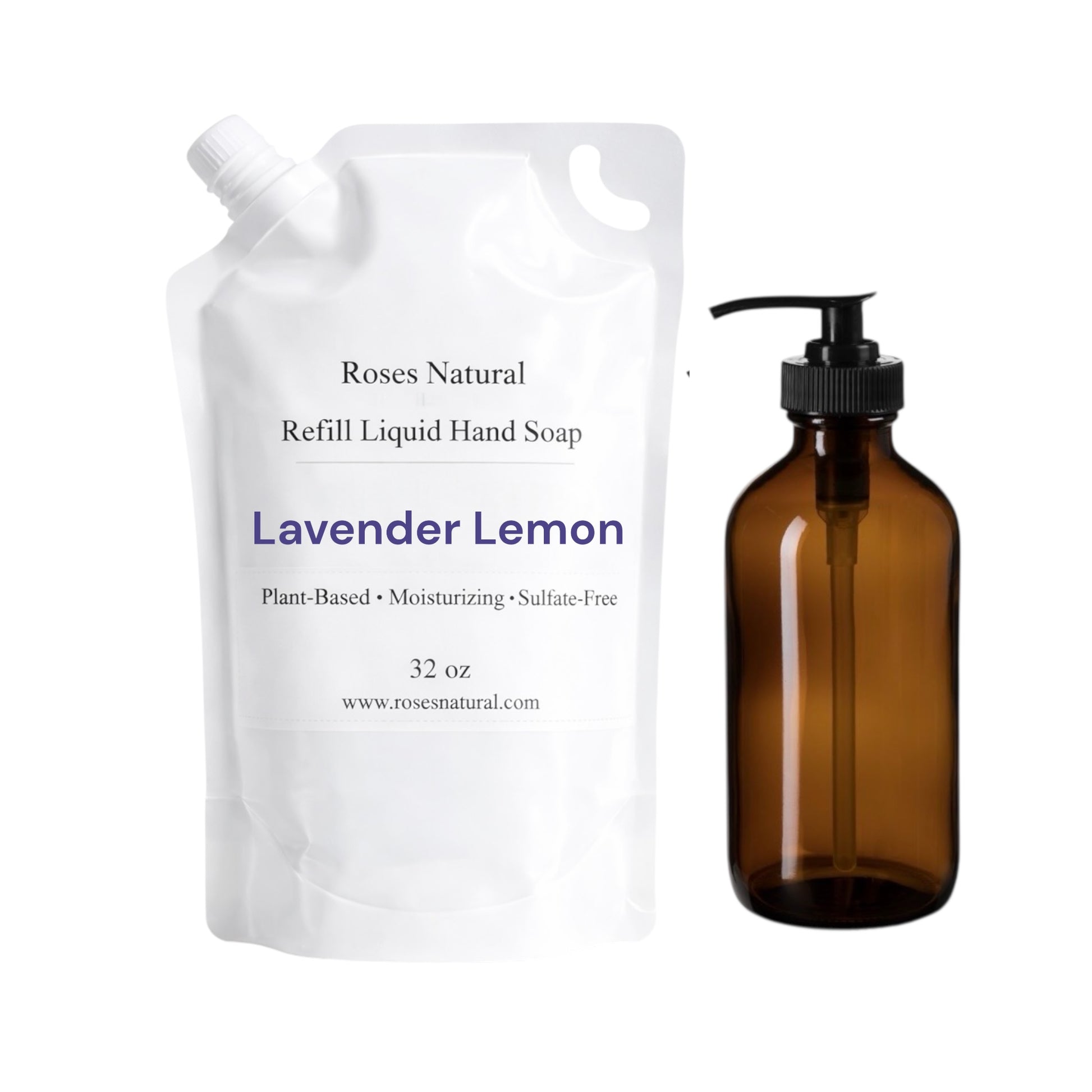 Brown refillable bottle and white pouch with 'Roses Natural' branding on a white background Lavender Lemon