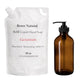 Refill liquid hand soap package and brown bottle with pump on a white background. Geranium scent 