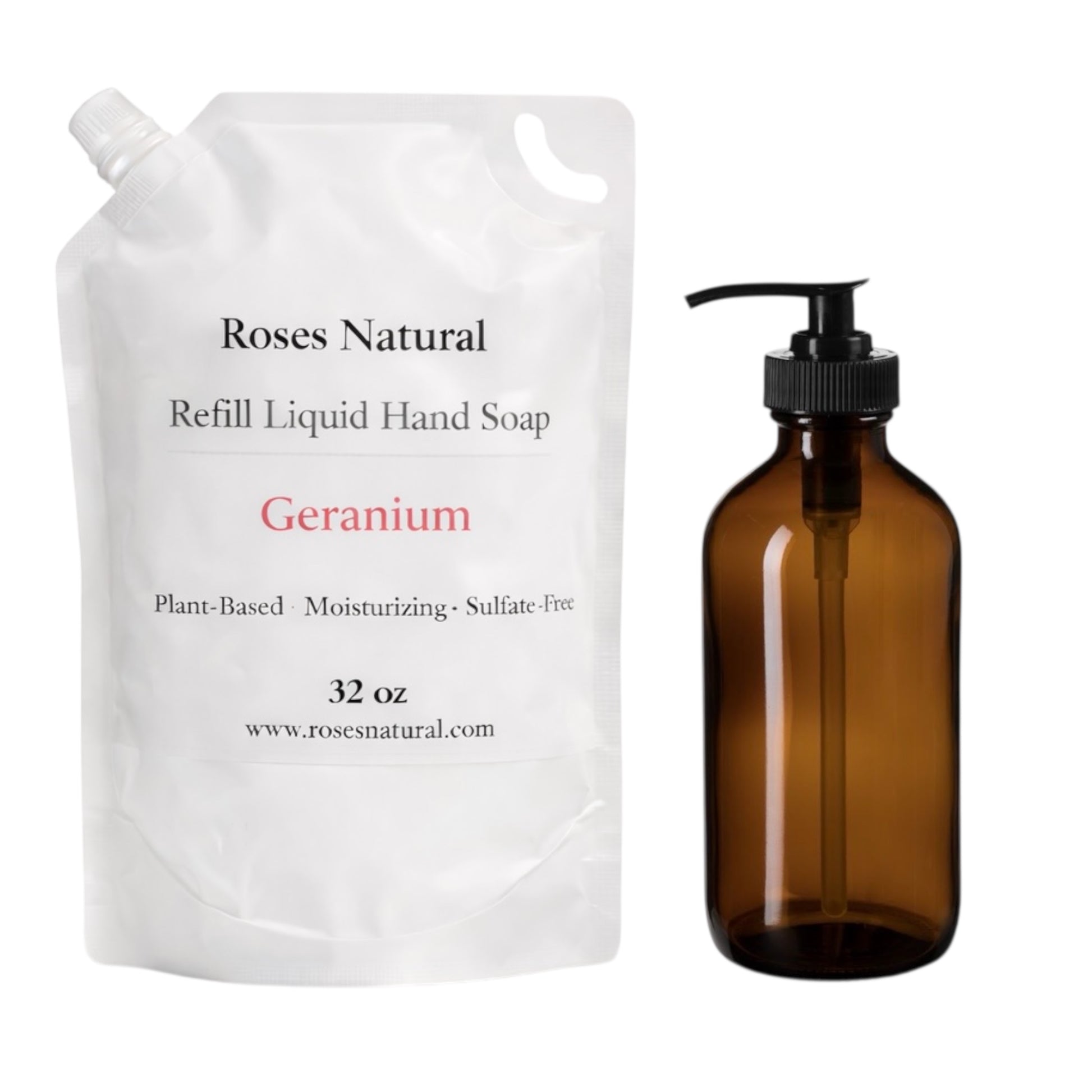 Refill liquid hand soap package and brown bottle with pump on a white background. Geranium scent 