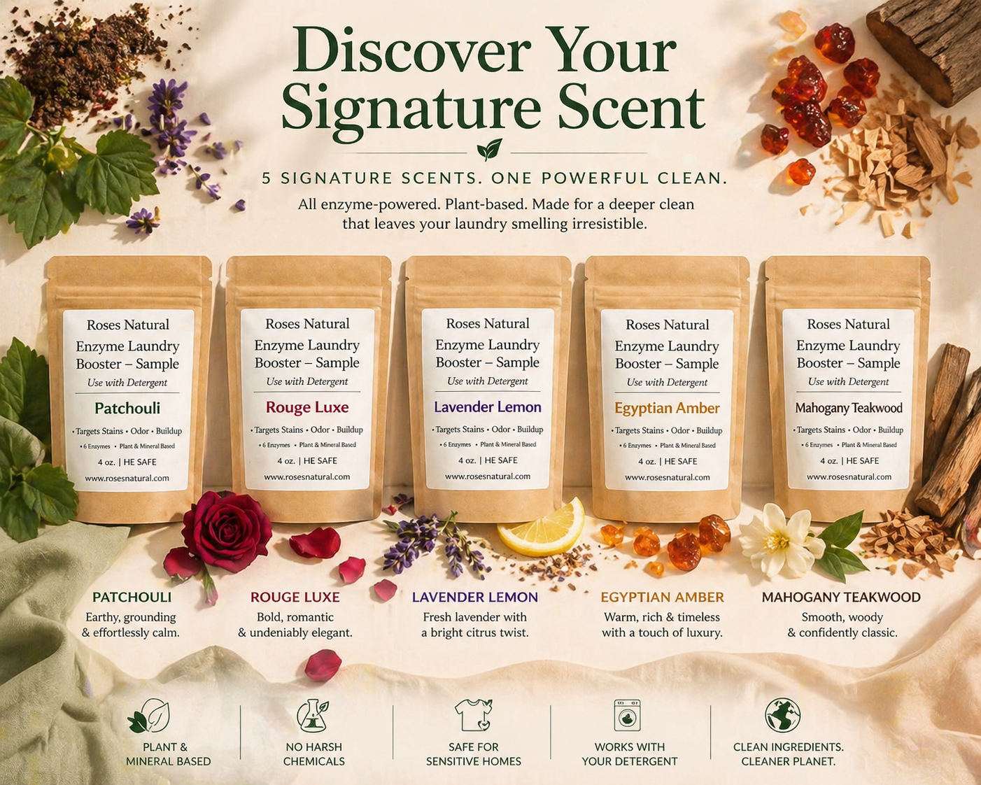 Promotional image of natural laundry detergent packages with scents and ingredients displayed.