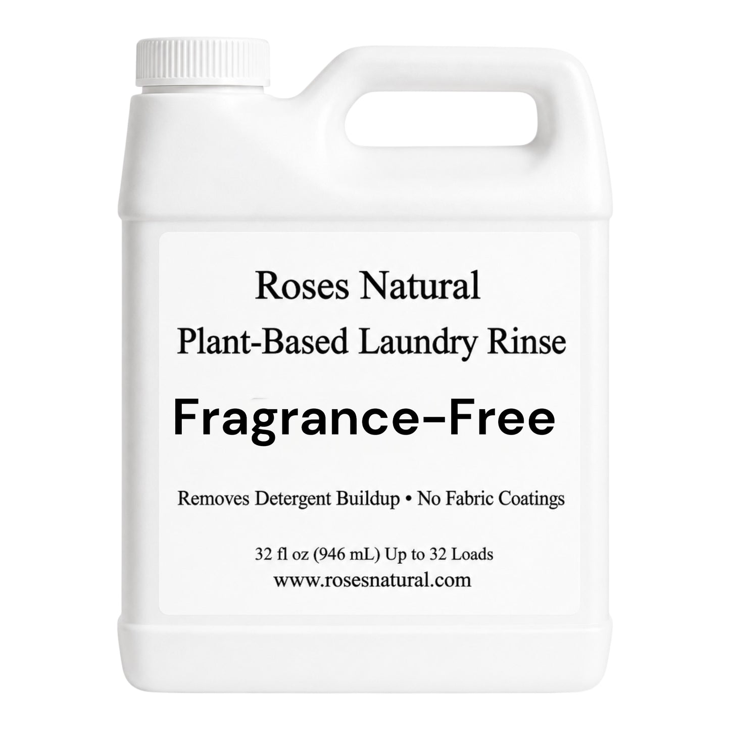 White container of Roses Natural Plant-Based Laundry Rinse with text on a white background