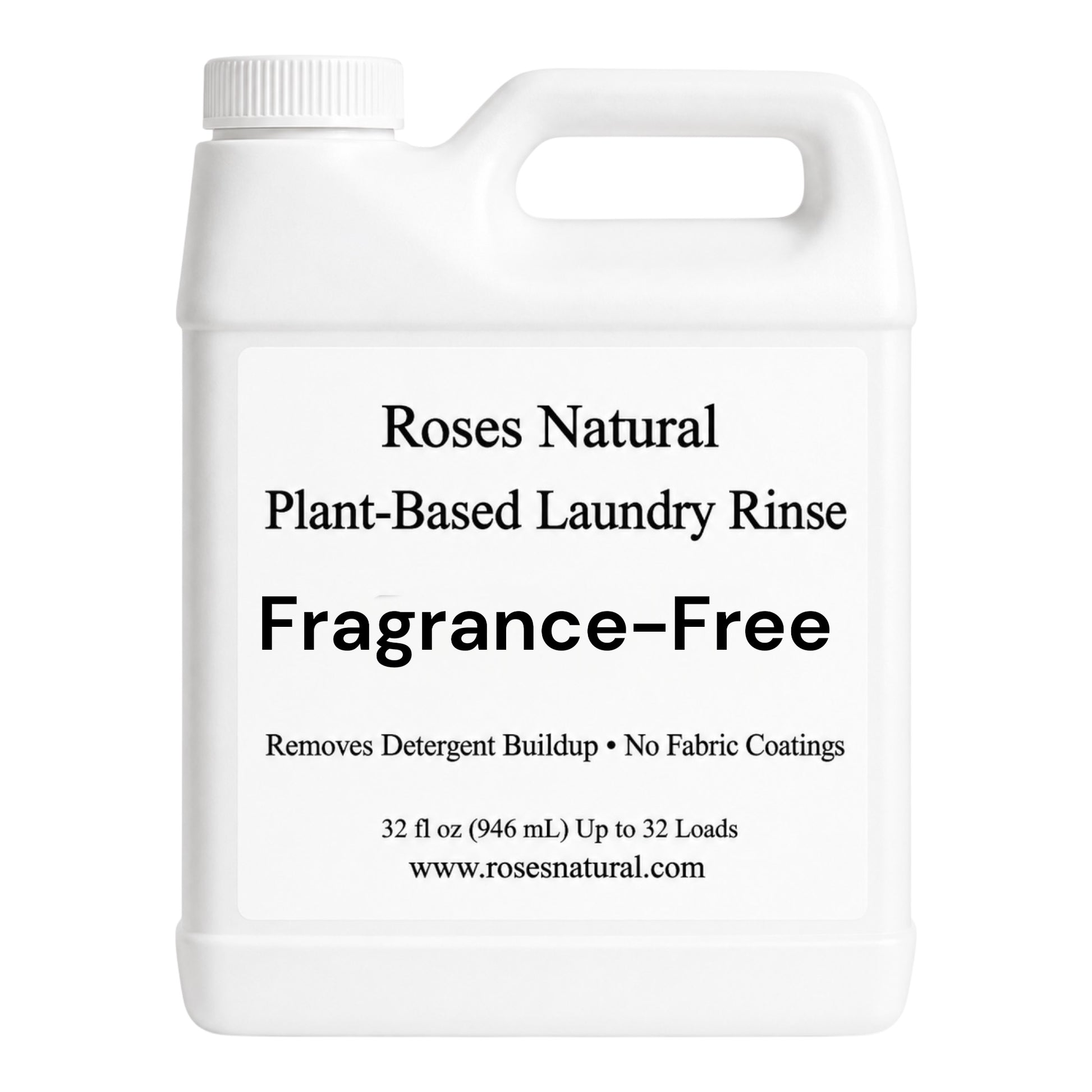 White container of Roses Natural Plant-Based Laundry Rinse with text on a white background