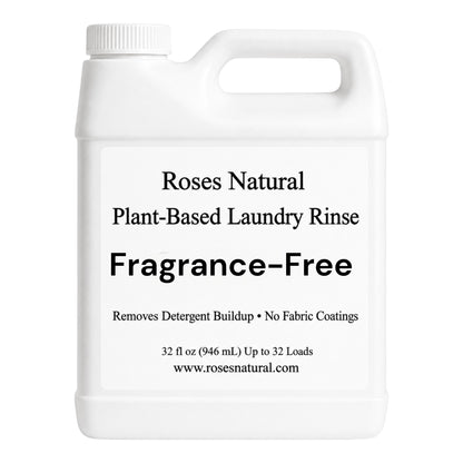 White container of Roses Natural Plant-Based Laundry Rinse with text on a white background