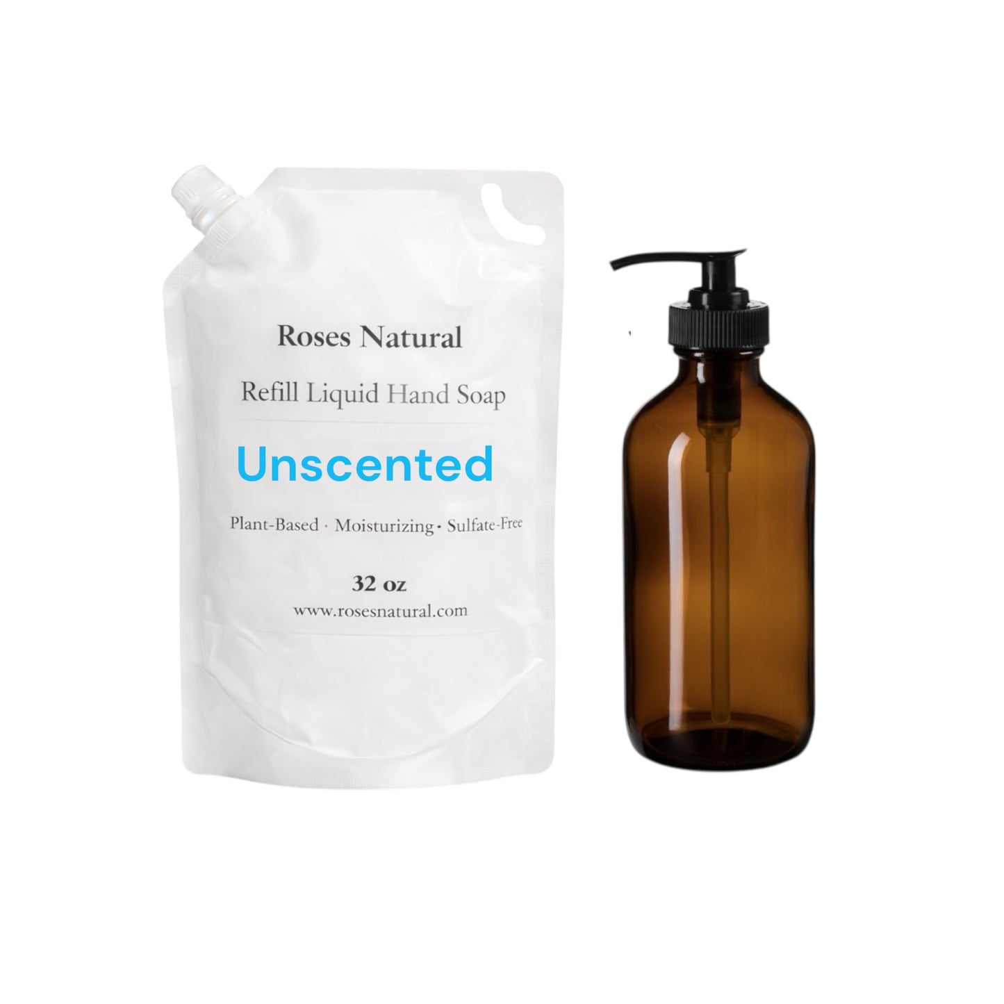 Unscented liquid hand soap packaging including a white pouch and a brown bottle on a white background. 