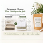 Advertisement for a laundry booster with text and images of clean clothes and product packaging.