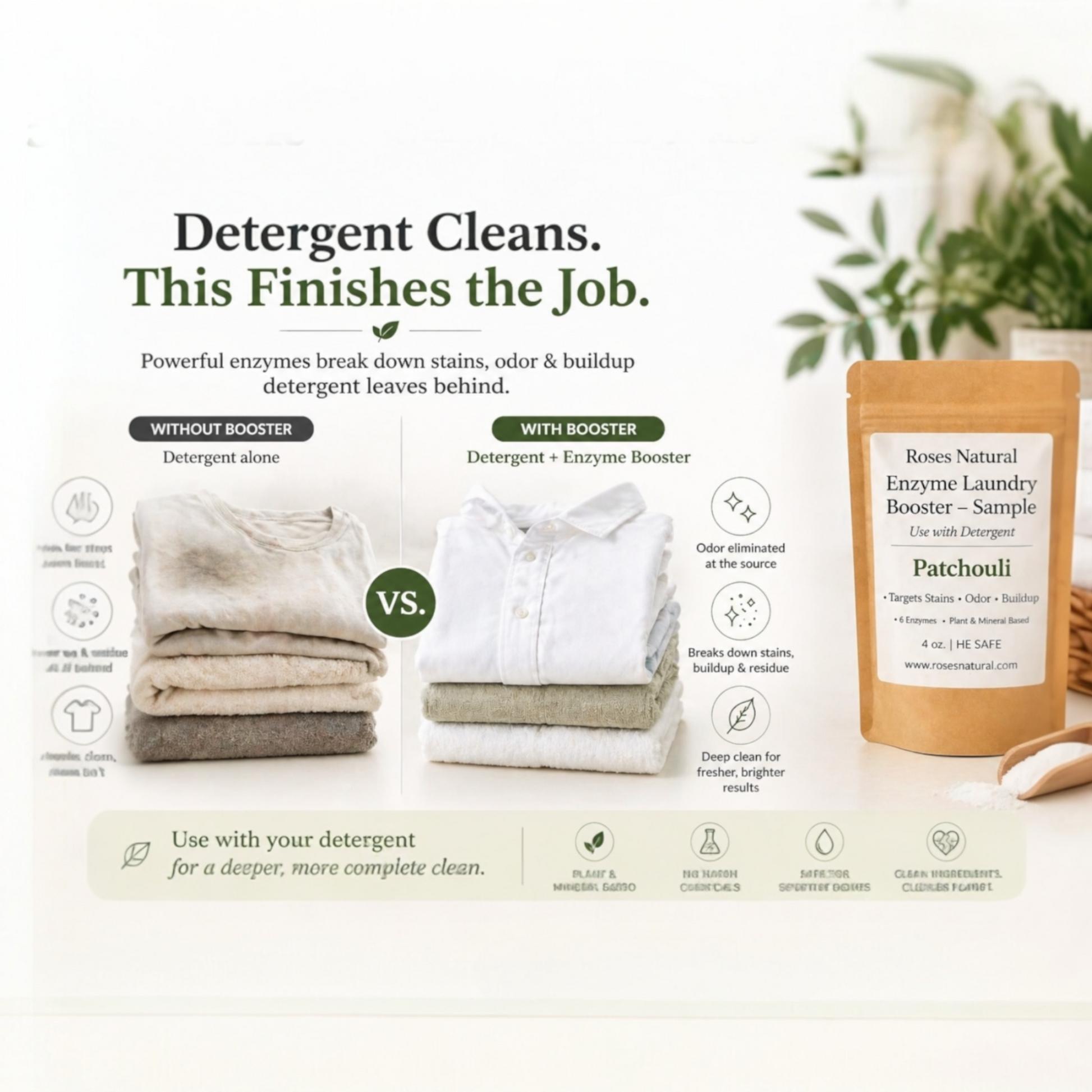 Advertisement for a laundry booster with text and images of clean clothes and product packaging.
