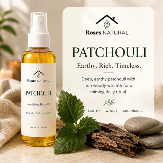 A bottle of Roses Natural Patchouli Nourishing Body Oil stands next to a large descriptive card, styled with fresh green patchouli leaves, driftwood, and smooth stones on a light stone surface.