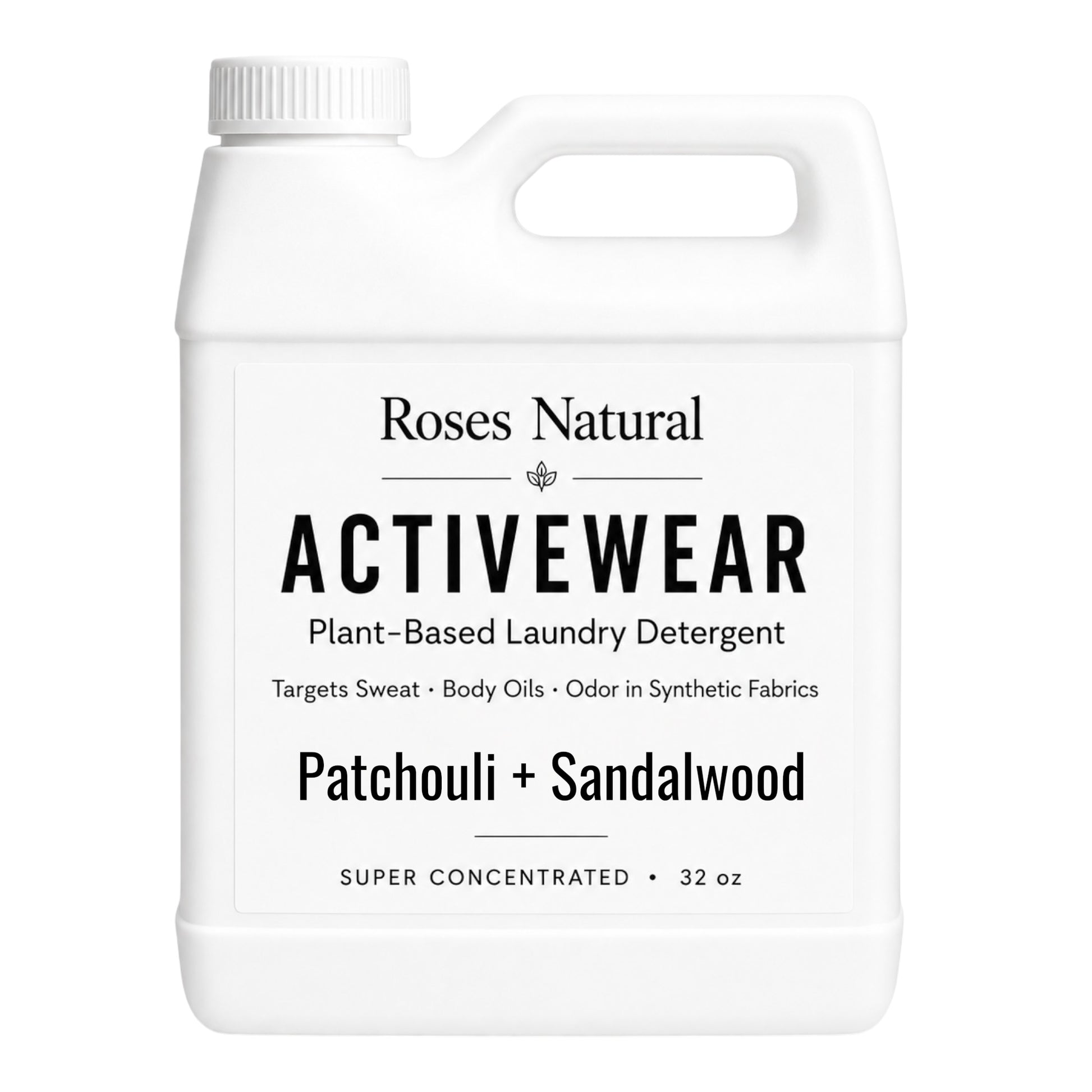 Roses Natural Activewear laundry detergent bottle on a white background. Patchouli and Sandalwood scent
