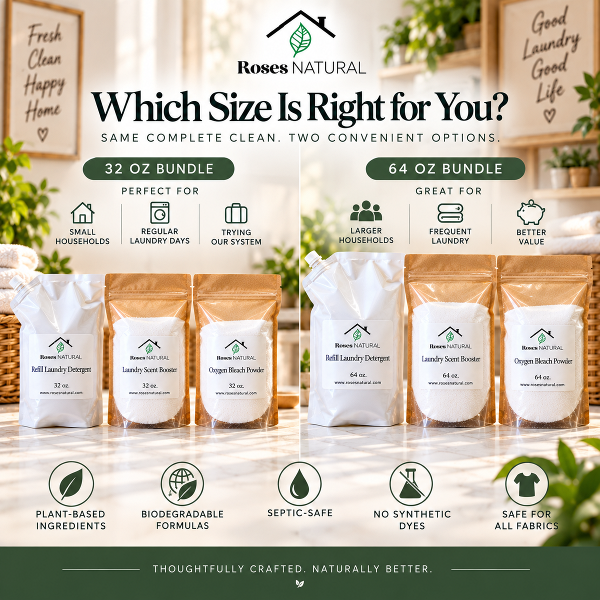 Roses Natural Laundry Bundle — Plant-Based Detergent, Laundry Scent Booster & Oxygen Bleach | 3-Piece Set