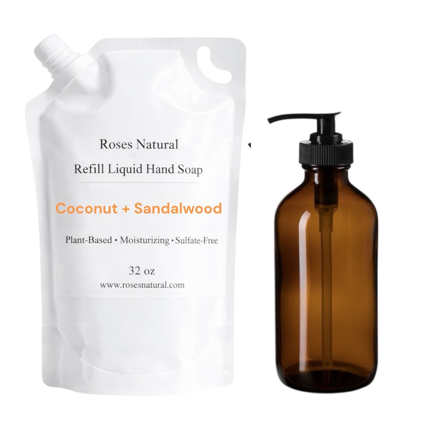Roses Natural refill liquid hand soap packaging with a brown bottle on a white background. Coconut Sandalwood scent 