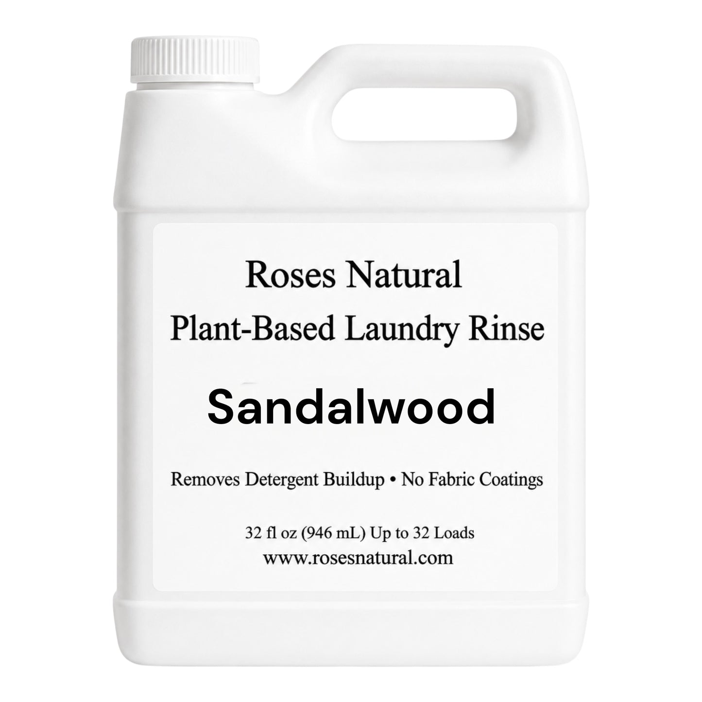 White bottle of Roses Natural Plant-Based Laundry Rinse Sandalwood on a white background