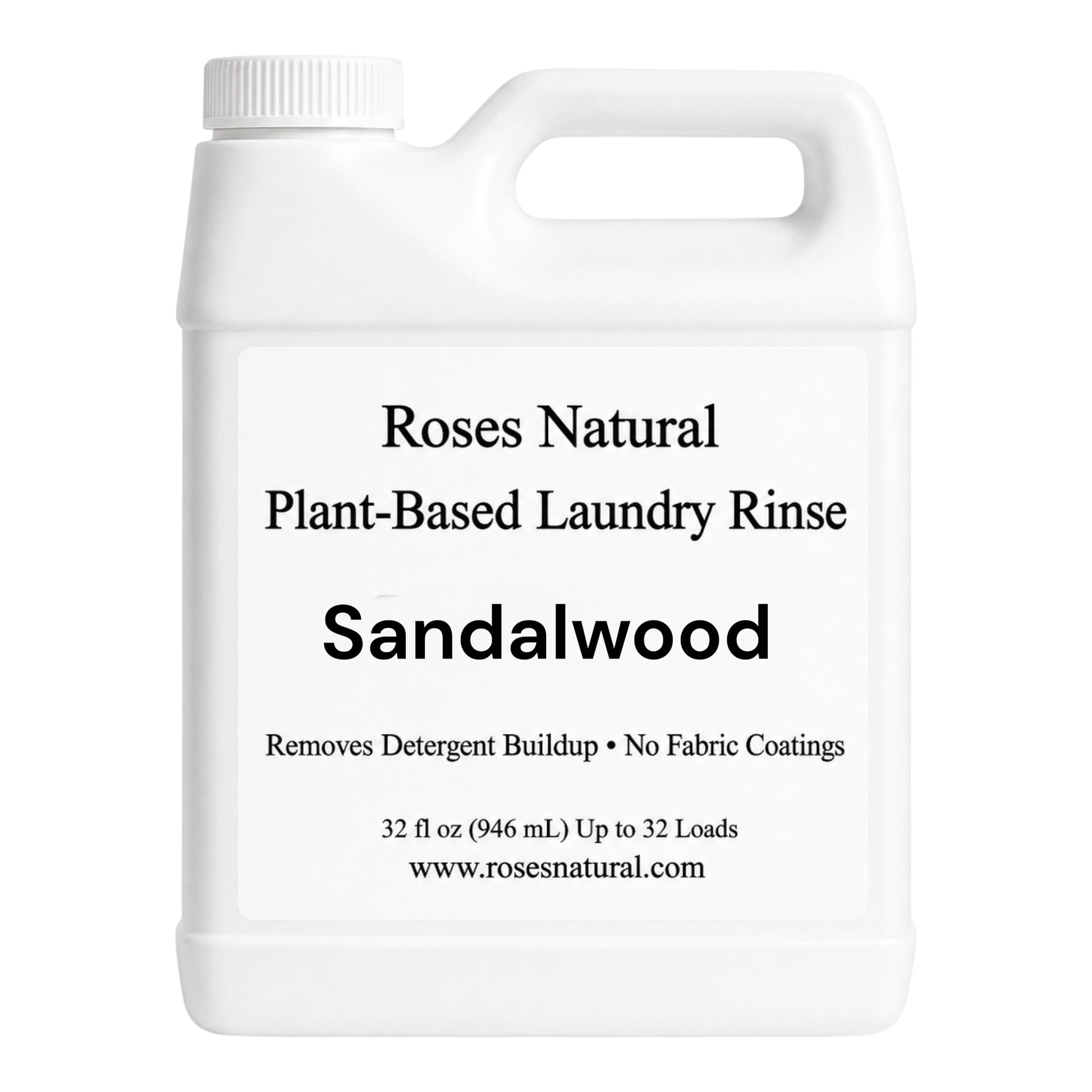 White bottle of Roses Natural Plant-Based Laundry Rinse Sandalwood on a white background