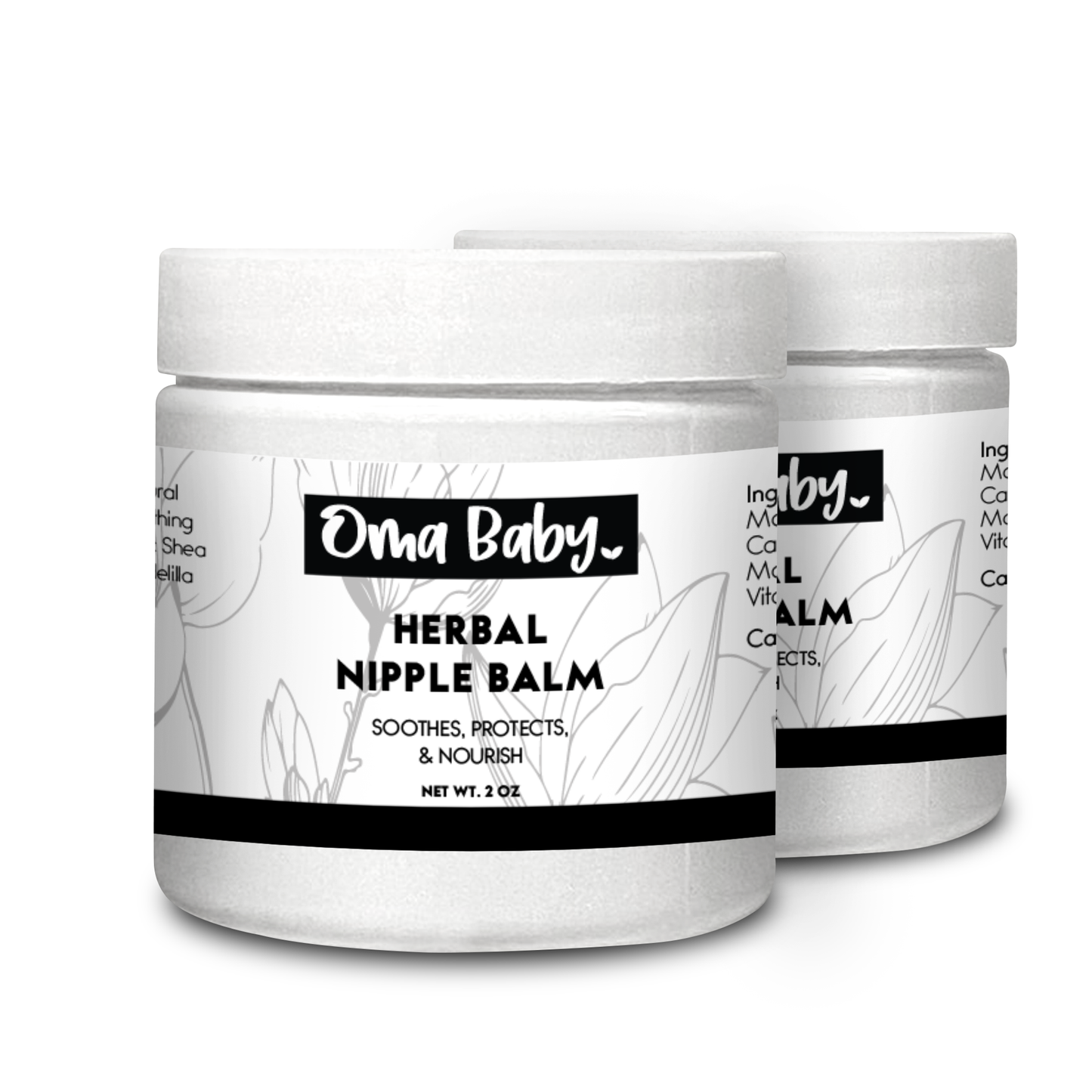 Two jars of Oma Baby Herbal Nipple Balm on a white background