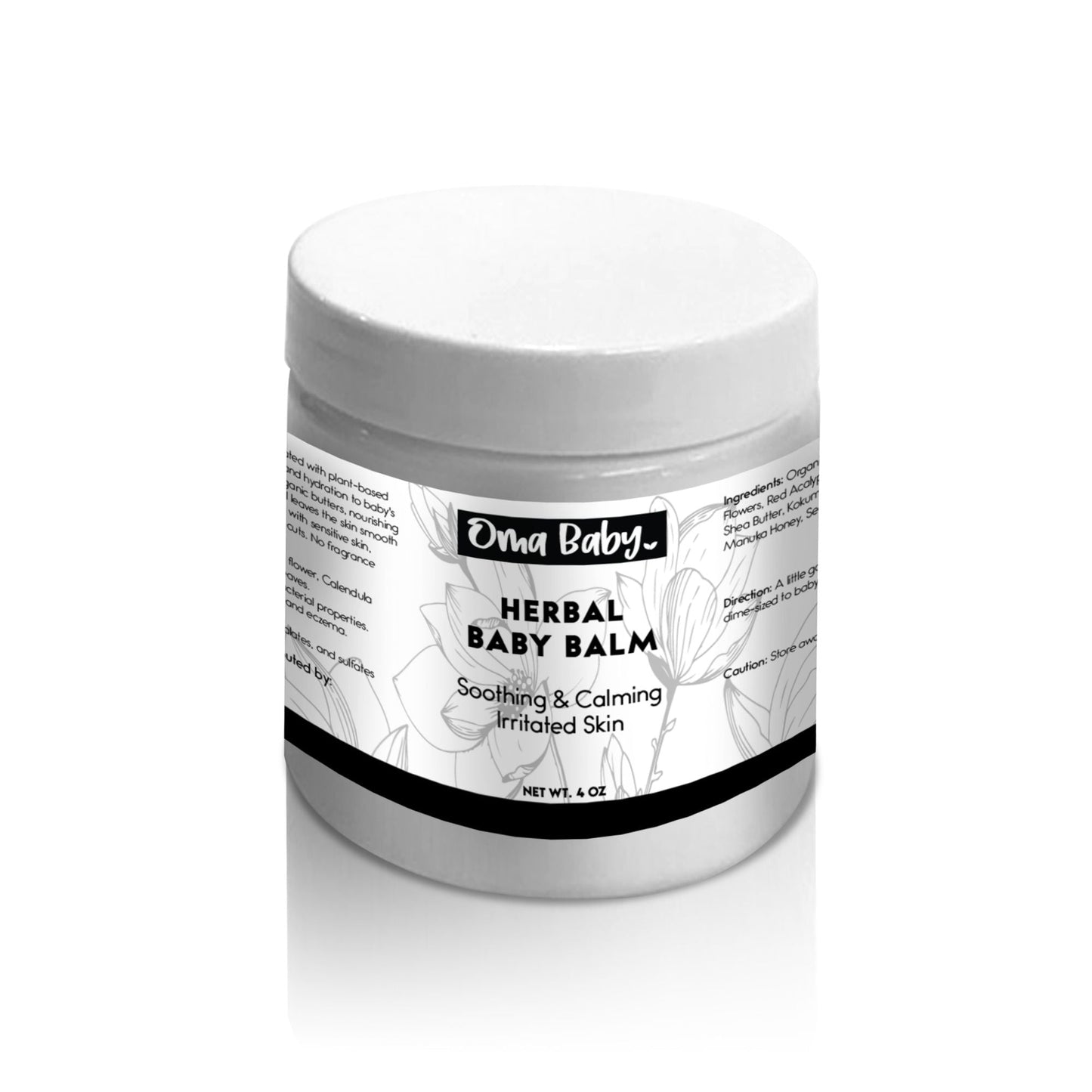 Jar of herbal baby balm with a white label on a white background
