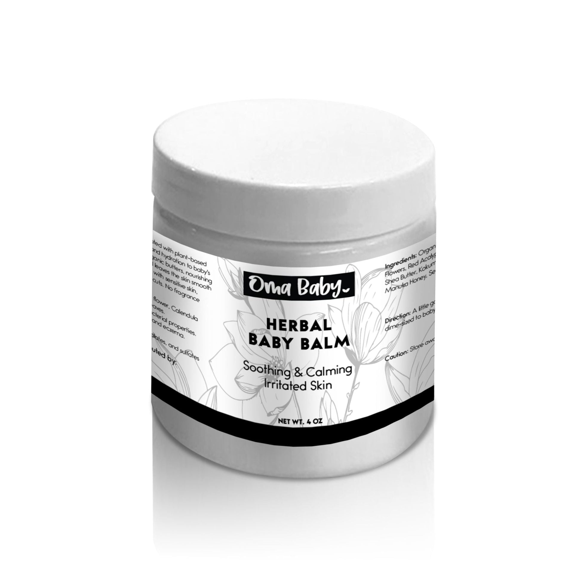 Jar of herbal baby balm with a white label on a white background
