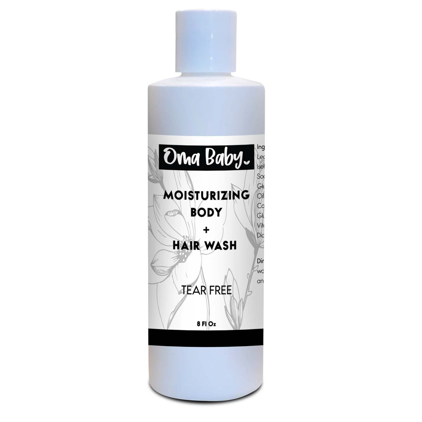 Bottle of Oma Baby moisturizing body and hair wash on a white background