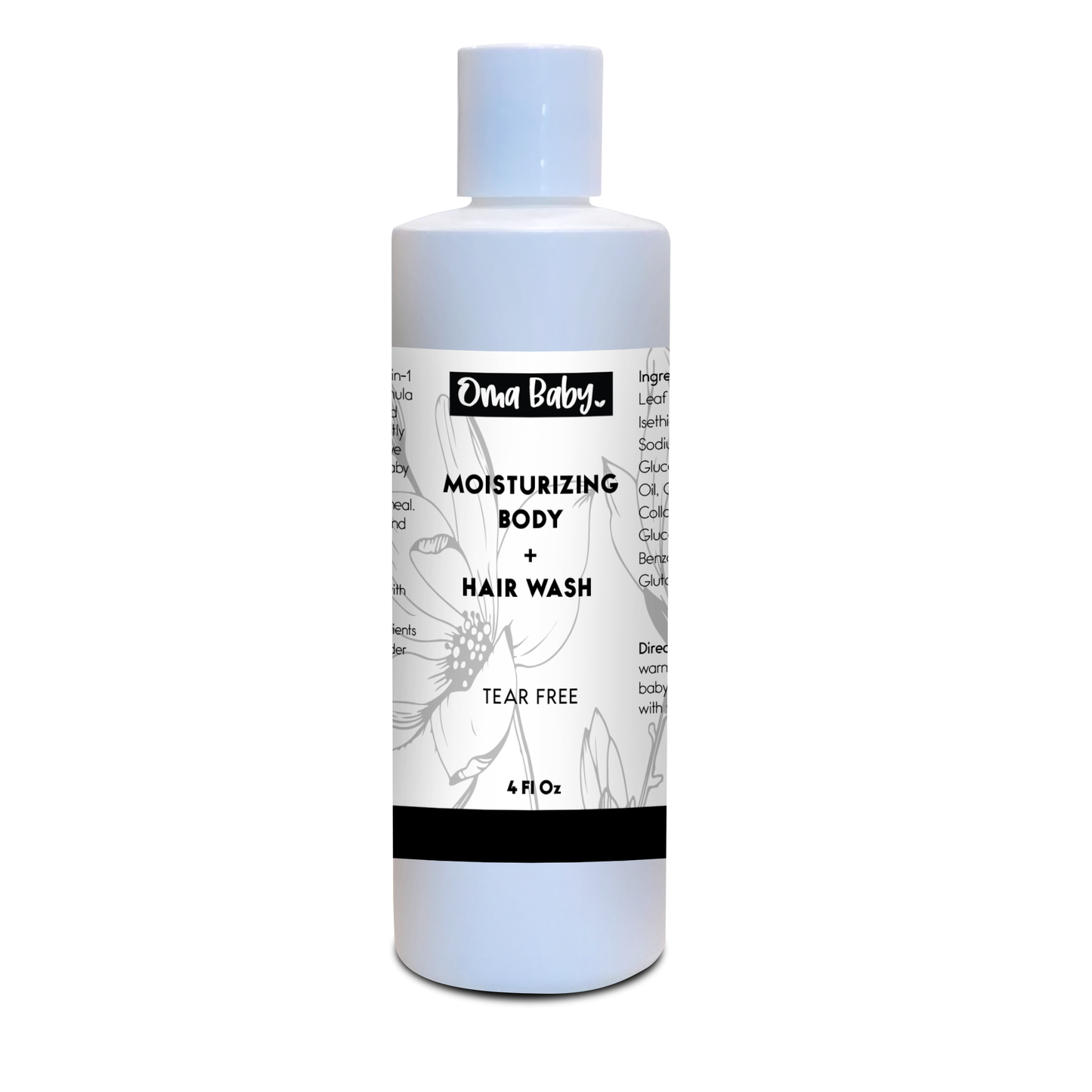 Bottle of Oma Baby moisturizing body and hair wash on a white background