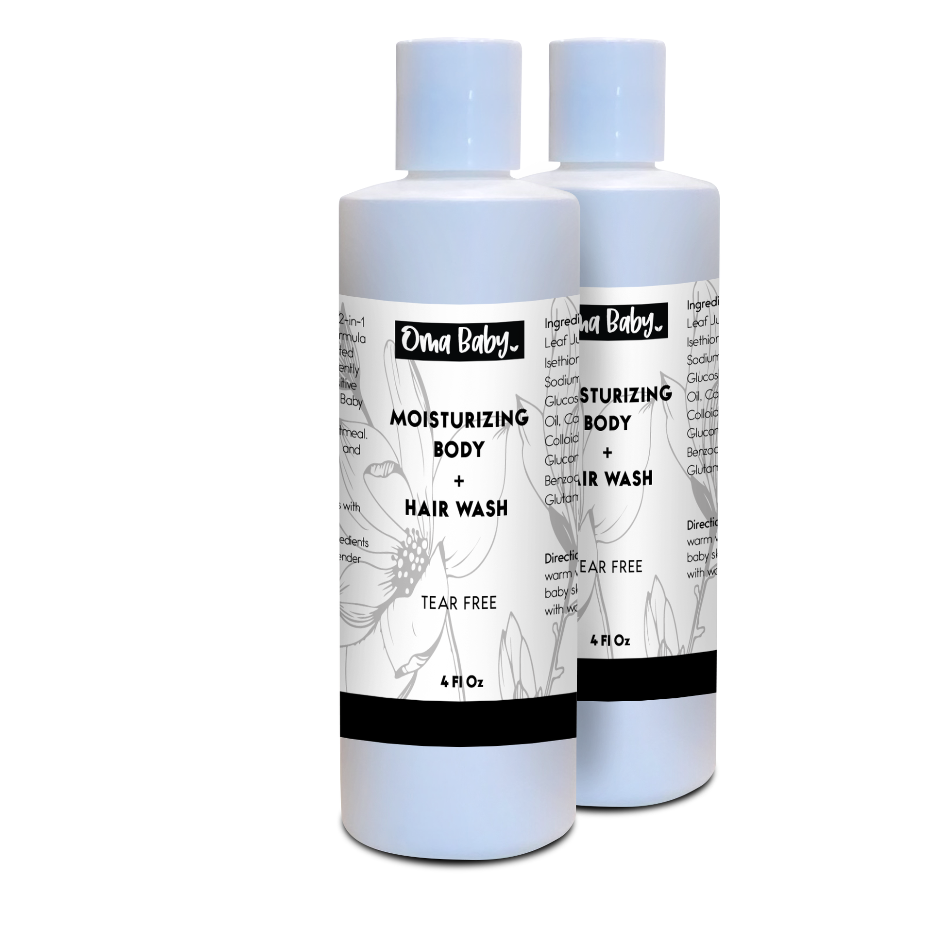 Two bottles of oma Baby moisturizing body and hair wash on a white background