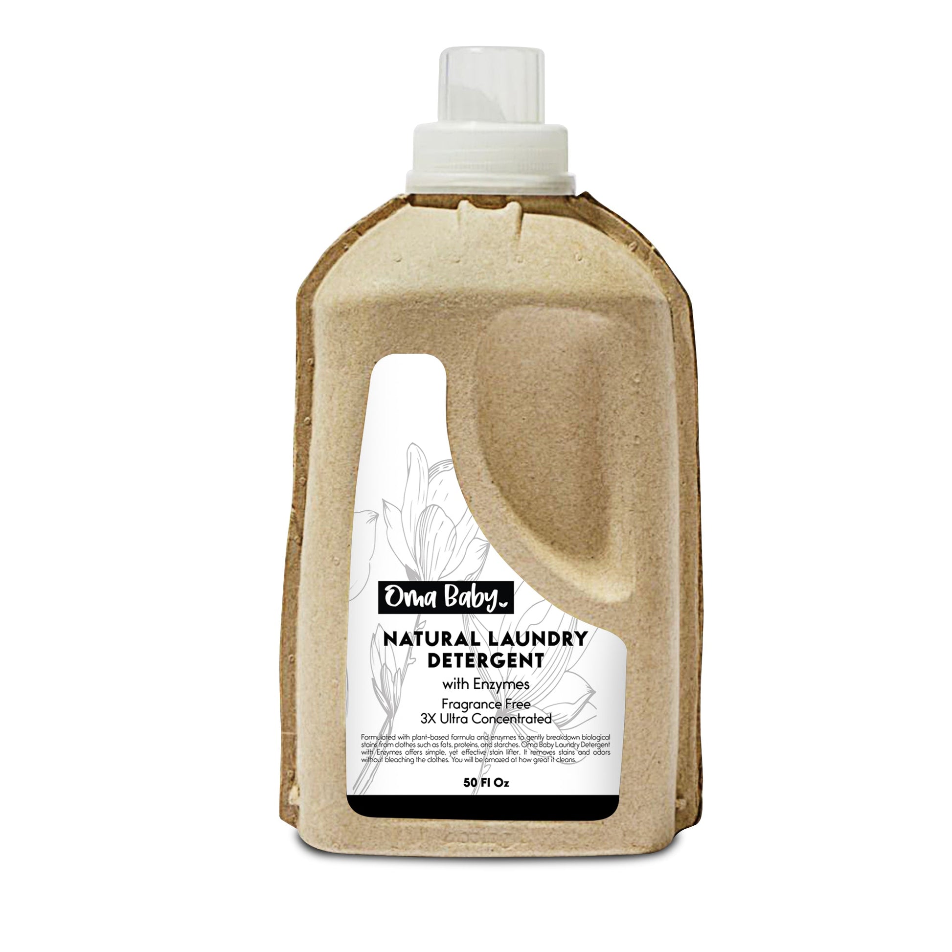 Biodegradable laundry detergent bottle with a white cap on a white background