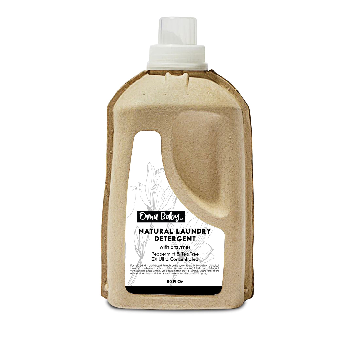 Biodegradable laundry detergent bottle with a white cap on a white background
