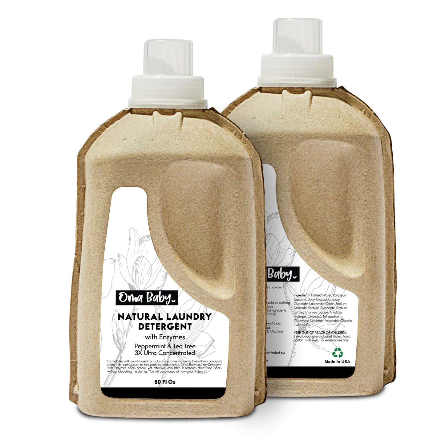 Two bottles of Dr. Bronner's natural laundry detergent on a white background