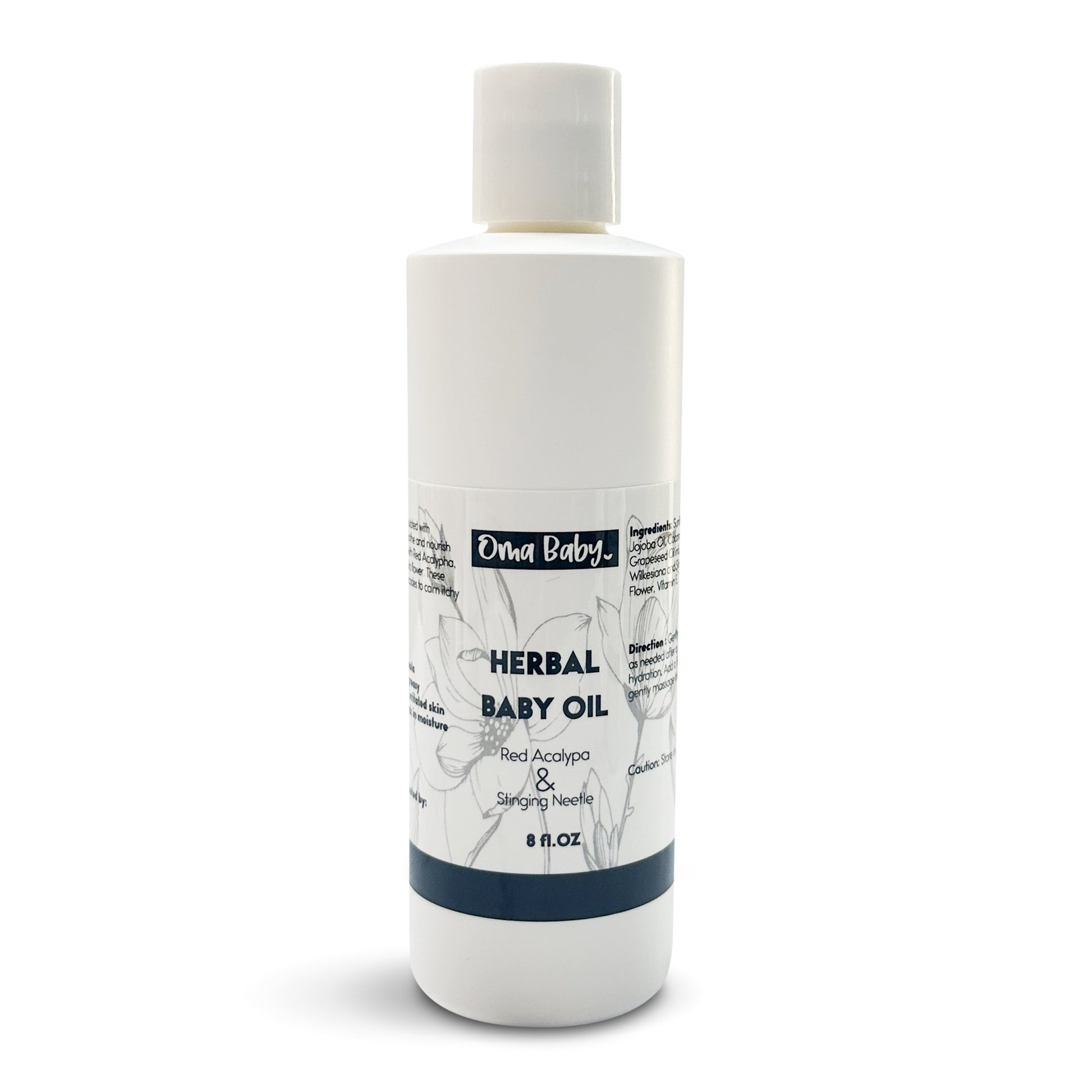 Bottle of Oma Baby Herbal Baby Oil on a white background