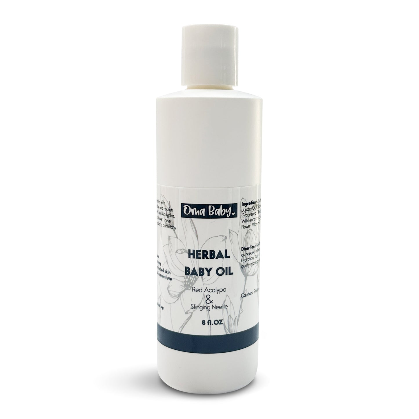 Bottle of Oma Baby Herbal Baby Oil on a white background