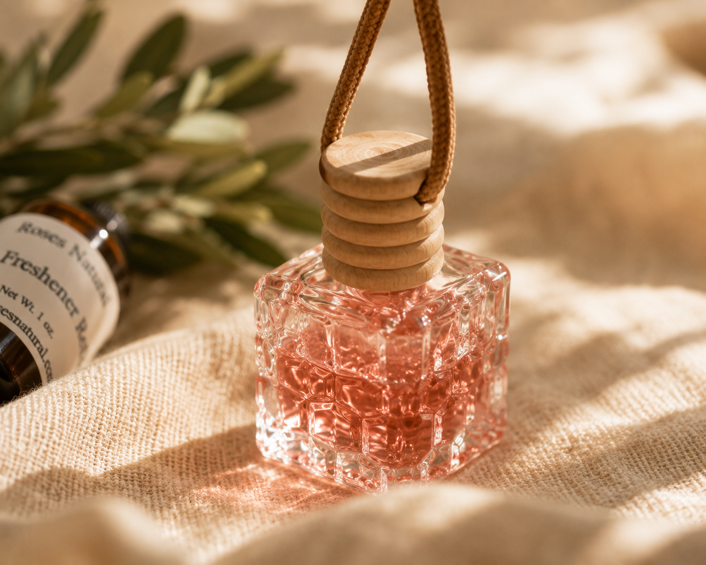 Roses Natural Clear glass air freshener with wooden top on a textured surface with blurred background