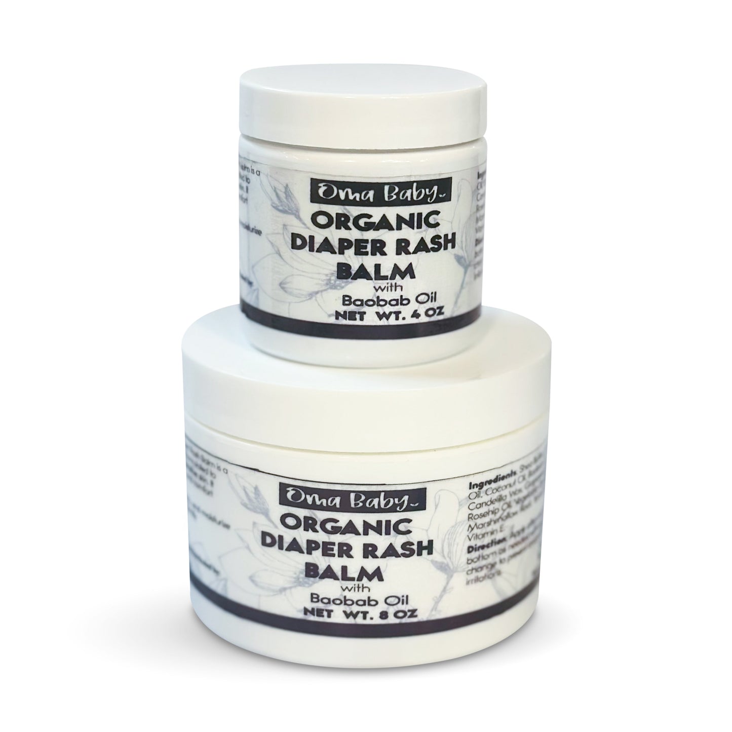 Two jars of Oma Baby Organic Diaper Rash Balm on a white background