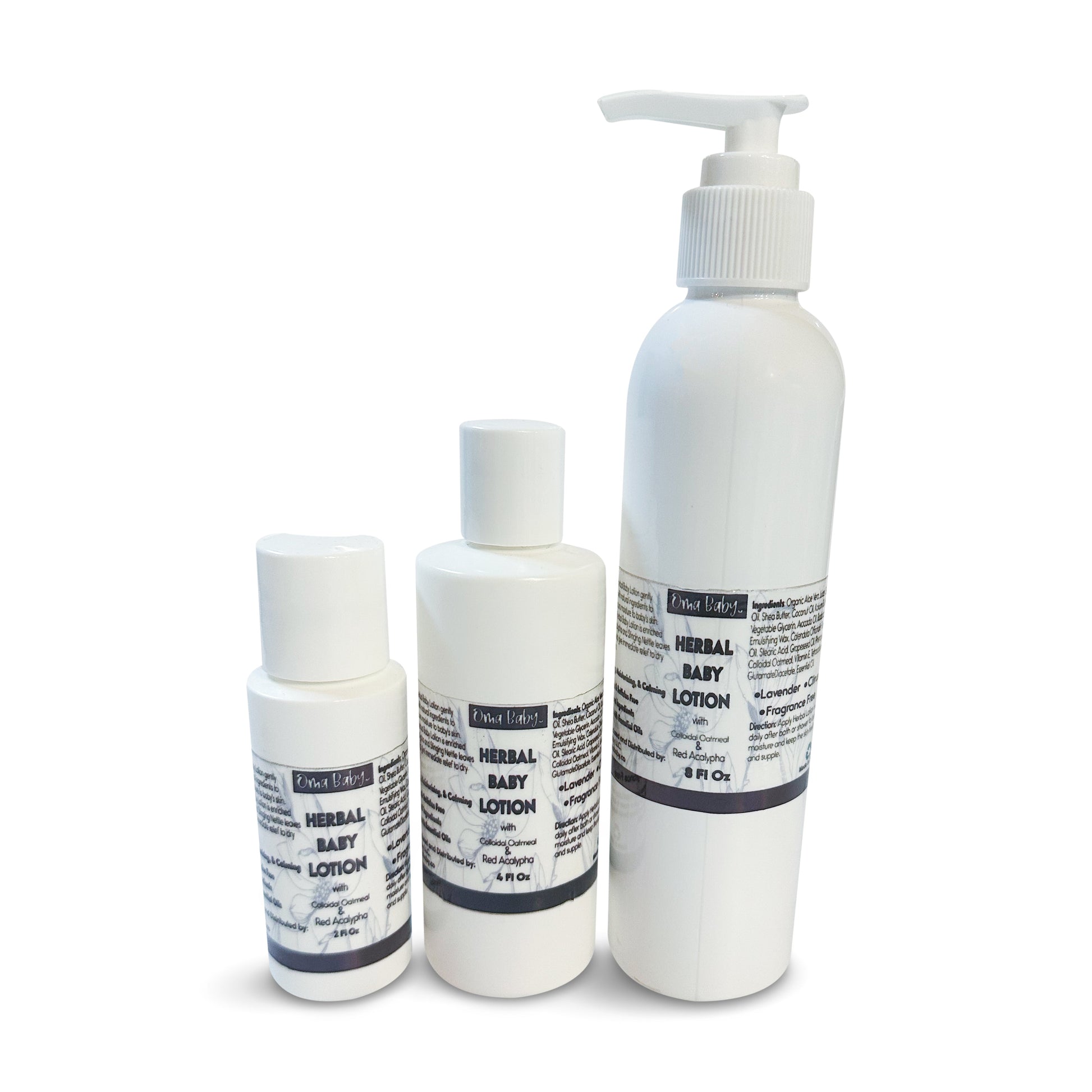 Set of three white bottles with pump and text on a white background