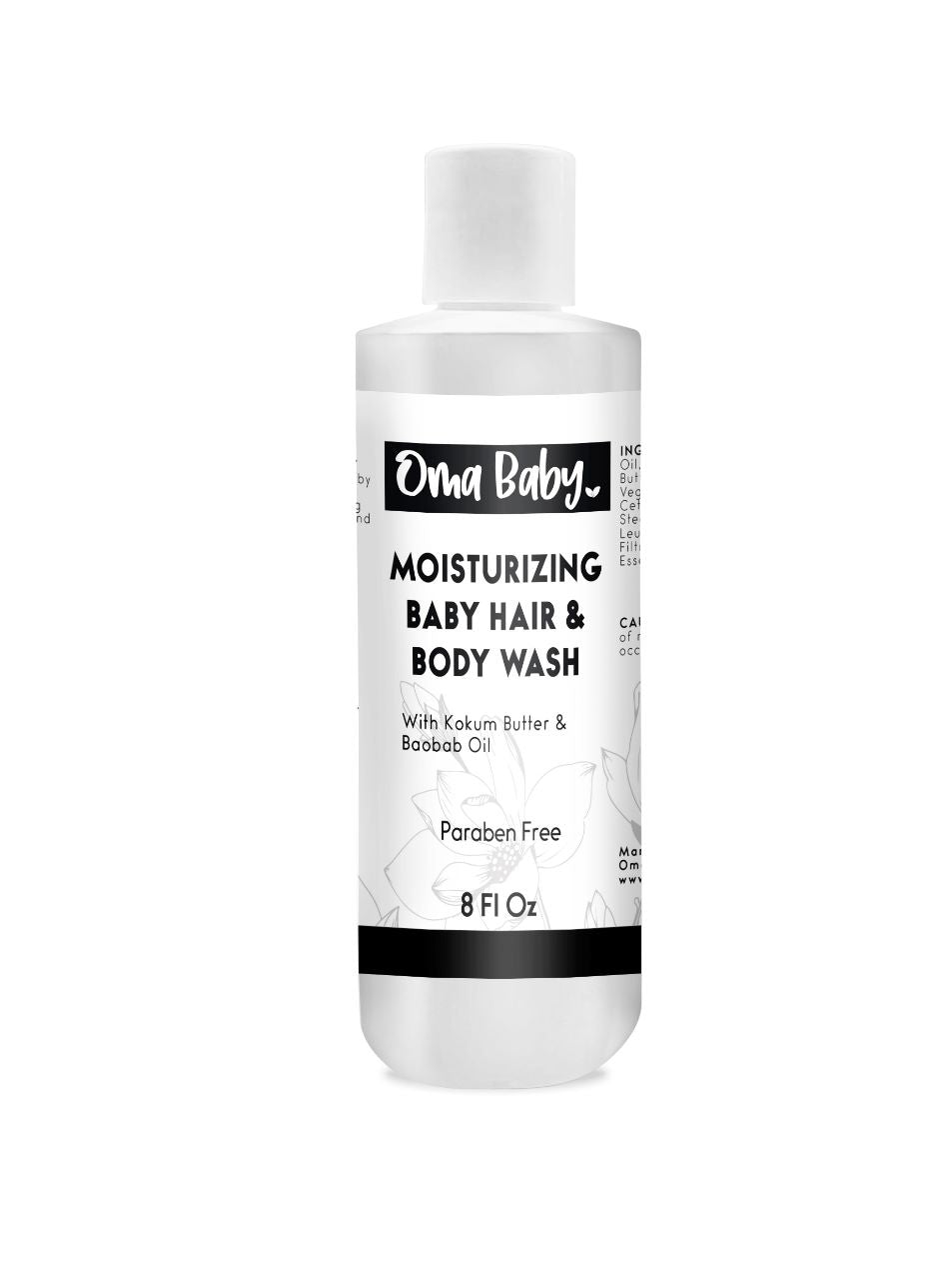 Bottle of Oma Baby moisturizing baby hair and body wash on a white background