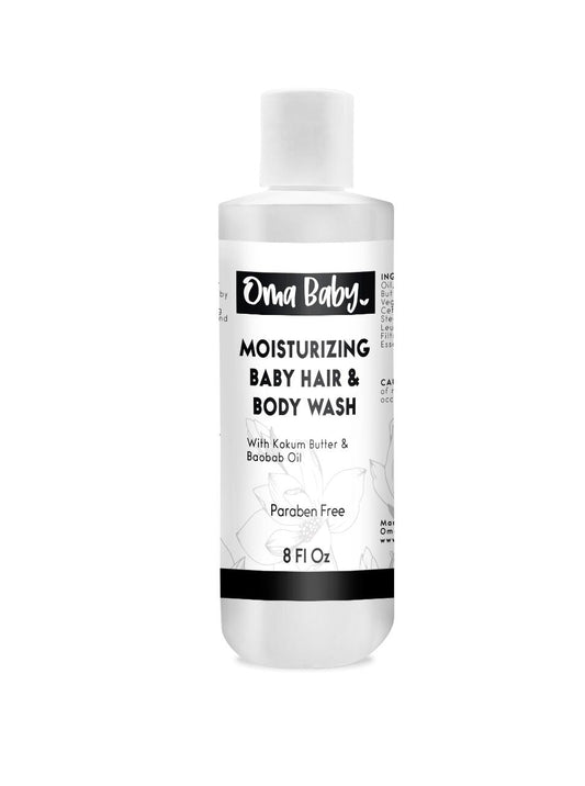 Bottle of Oma Baby moisturizing baby hair and body wash on a white background