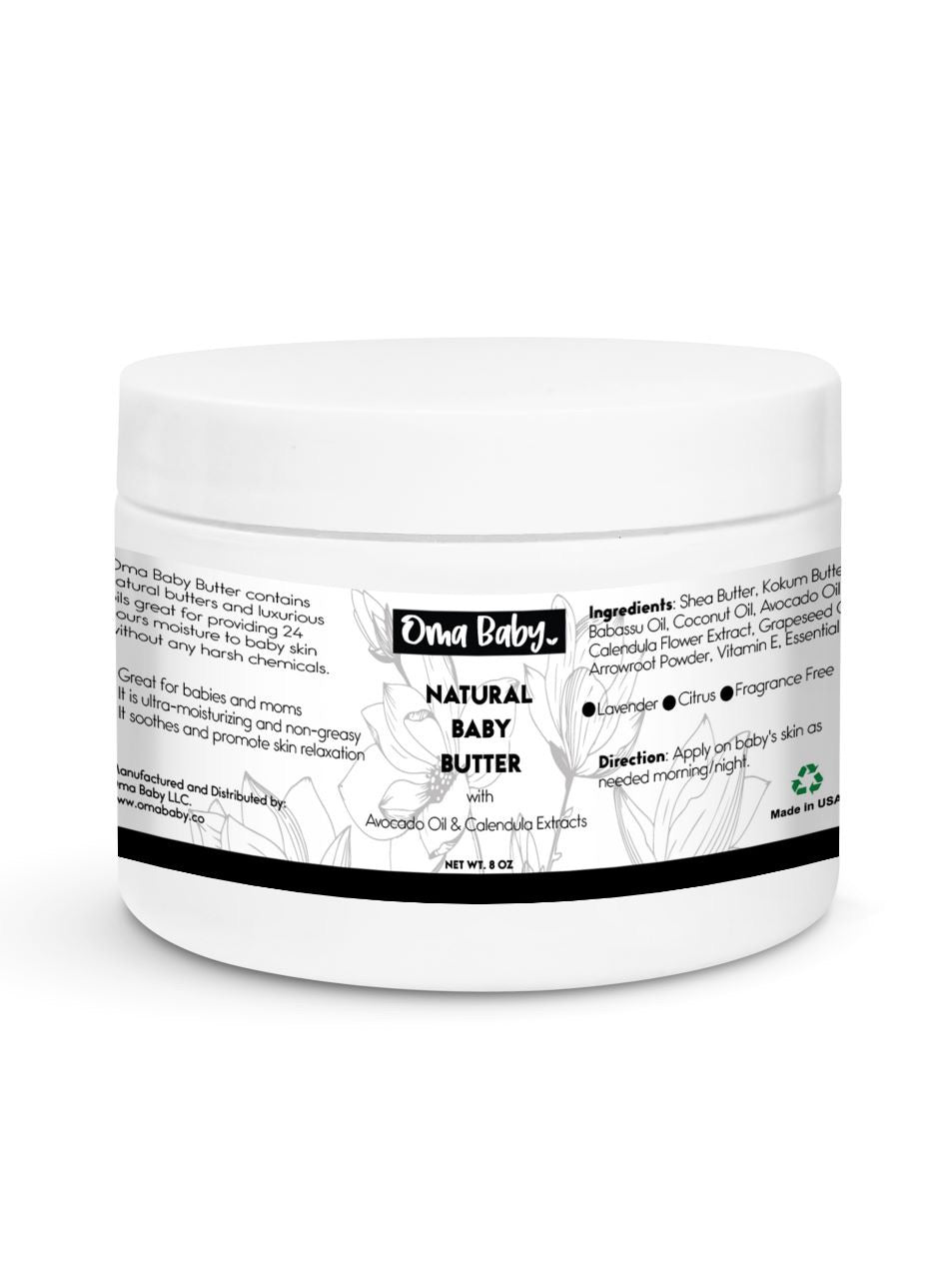 White container of natural baby butter with black text on a white background