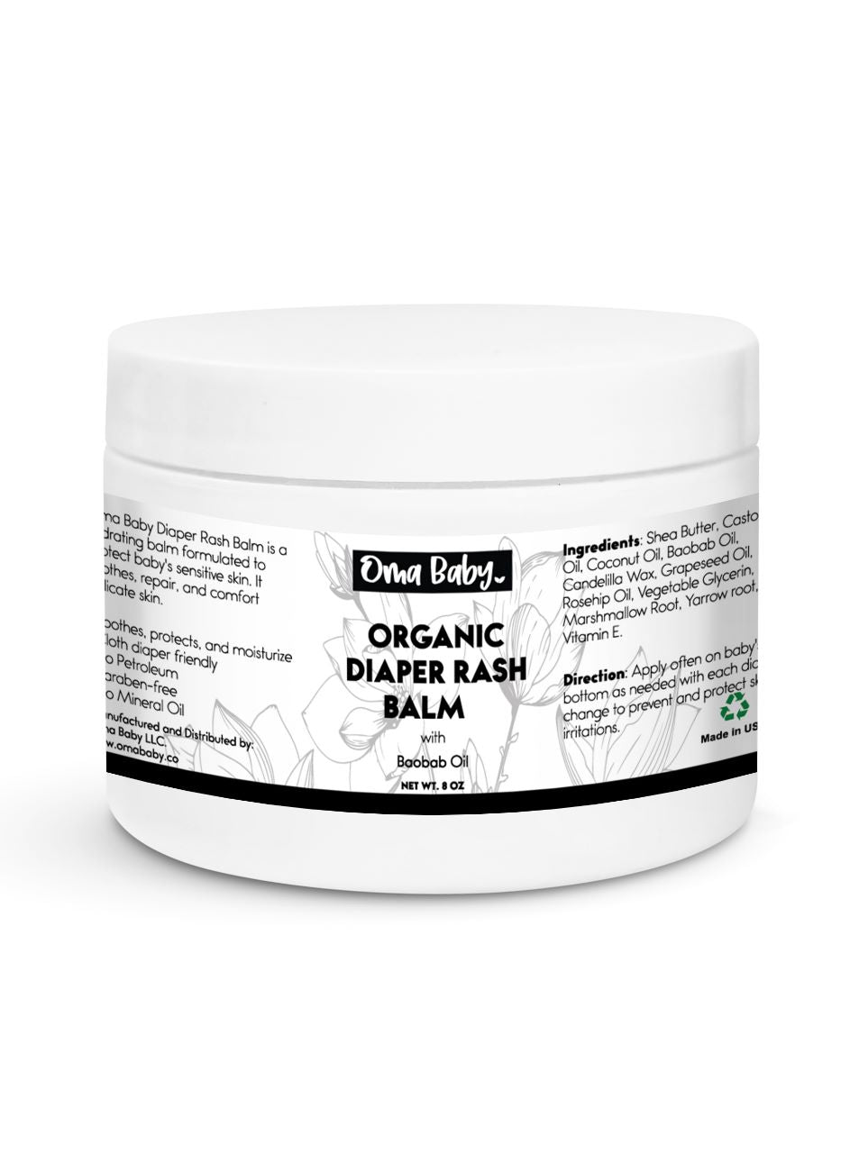 White jar of organic diaper rash balm with black text on a white background
