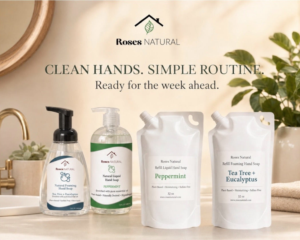 A promotional product photo for Rose Natural hand soaps and refill pouches arranged on a bathroom counter with sink fixtures and plants in the background. Visible products include a clear pump bottle with a black pump, a clear pump bottle with green labeling, two white refill pouches, and a white refill pouch with green labeling.